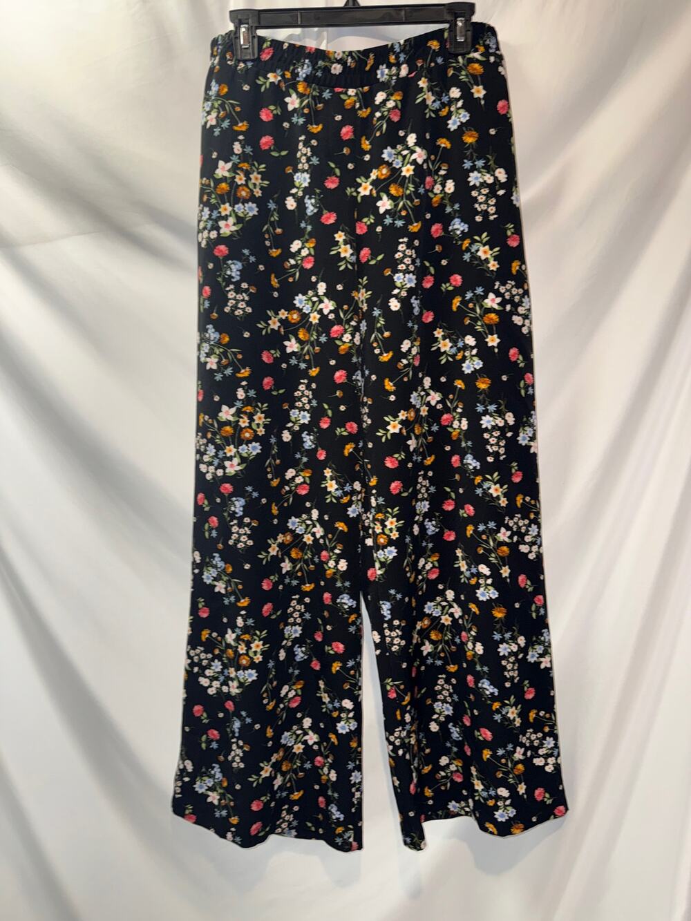 Roz & Ali L Black Floral Wide Leg Pull On Pants Elastic Waist